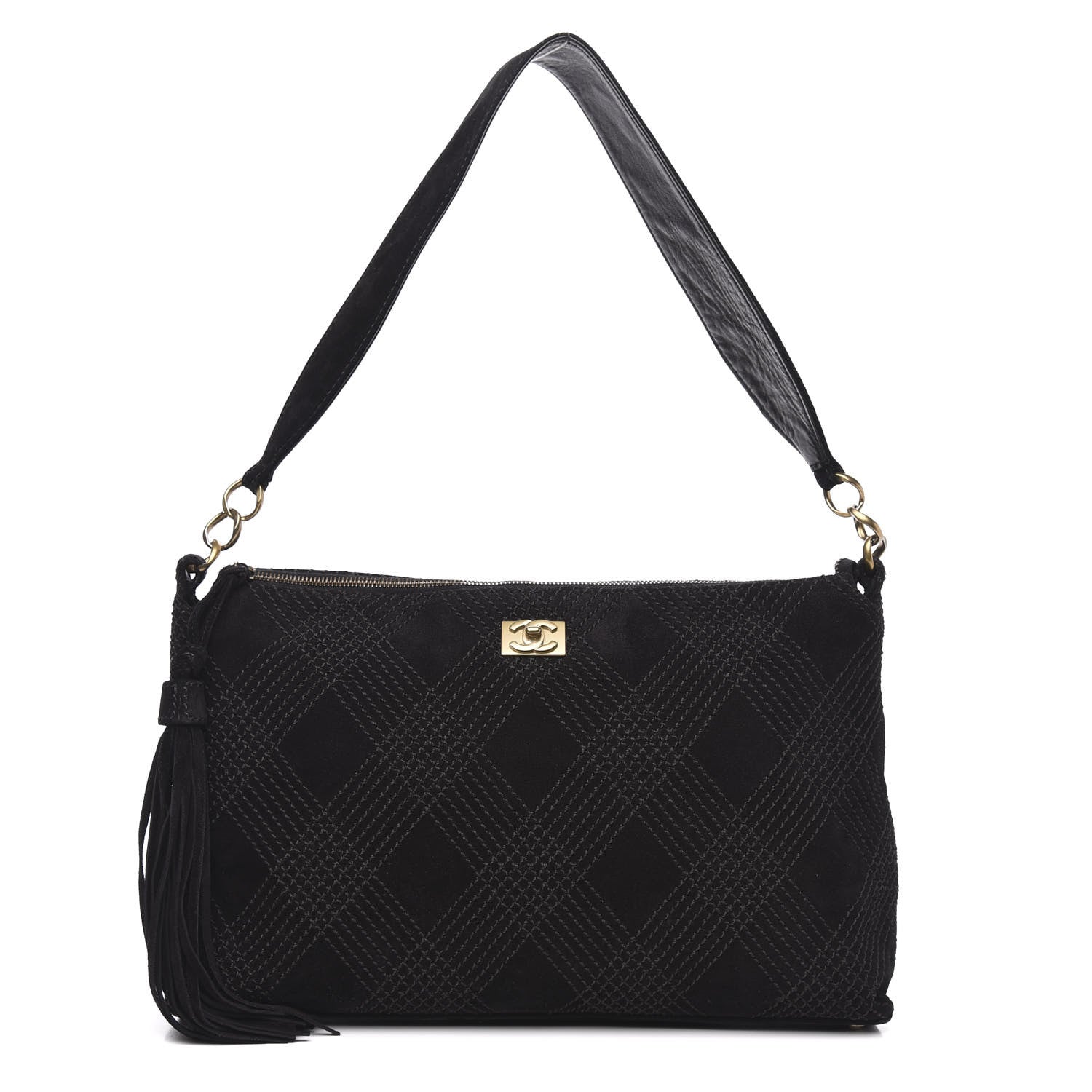 Chanel Suede Tassel Diamond Stitch CC Shoulder Bag Black 1 of 9