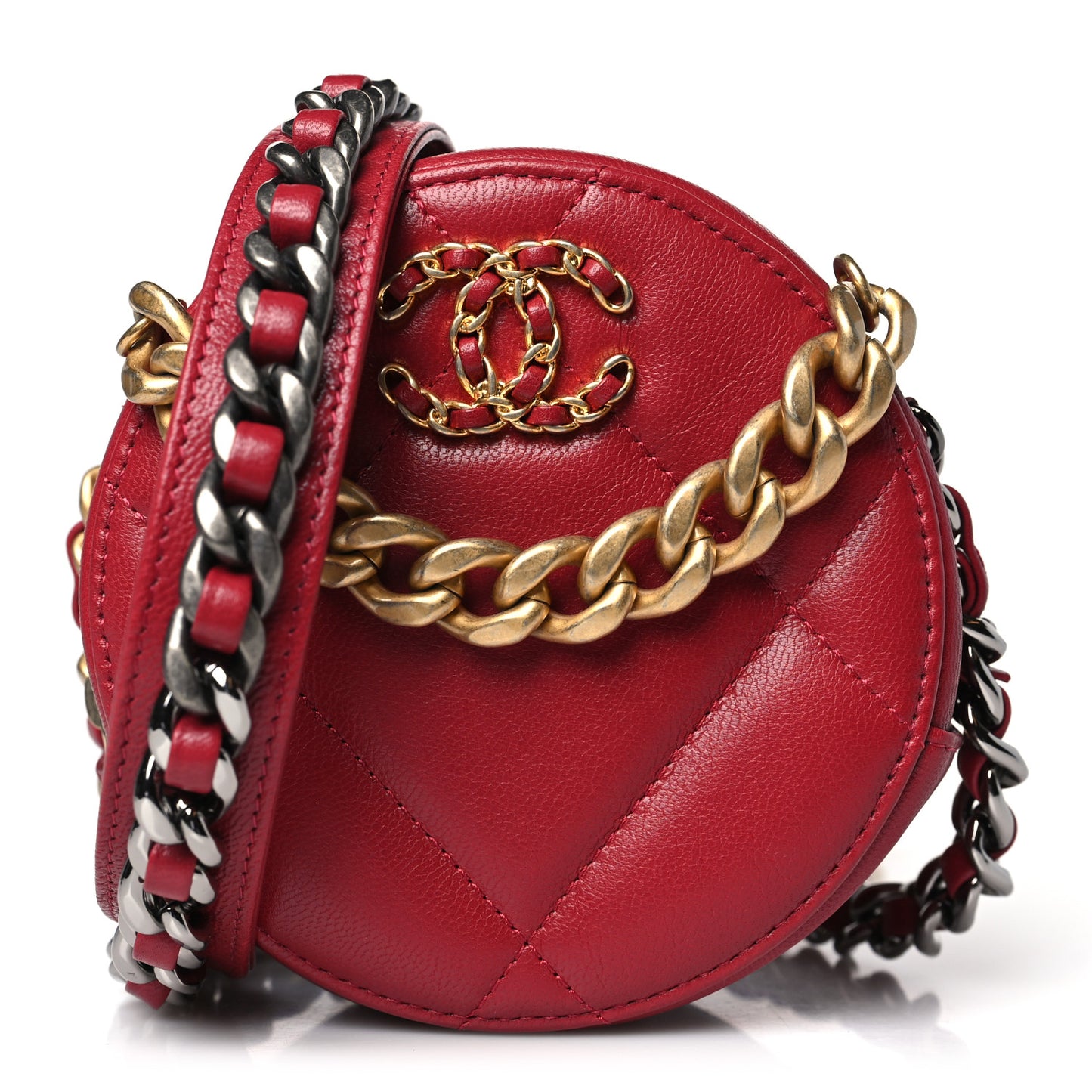 Goatskin Quilted Chanel 19 Round Clutch With Chain Red
