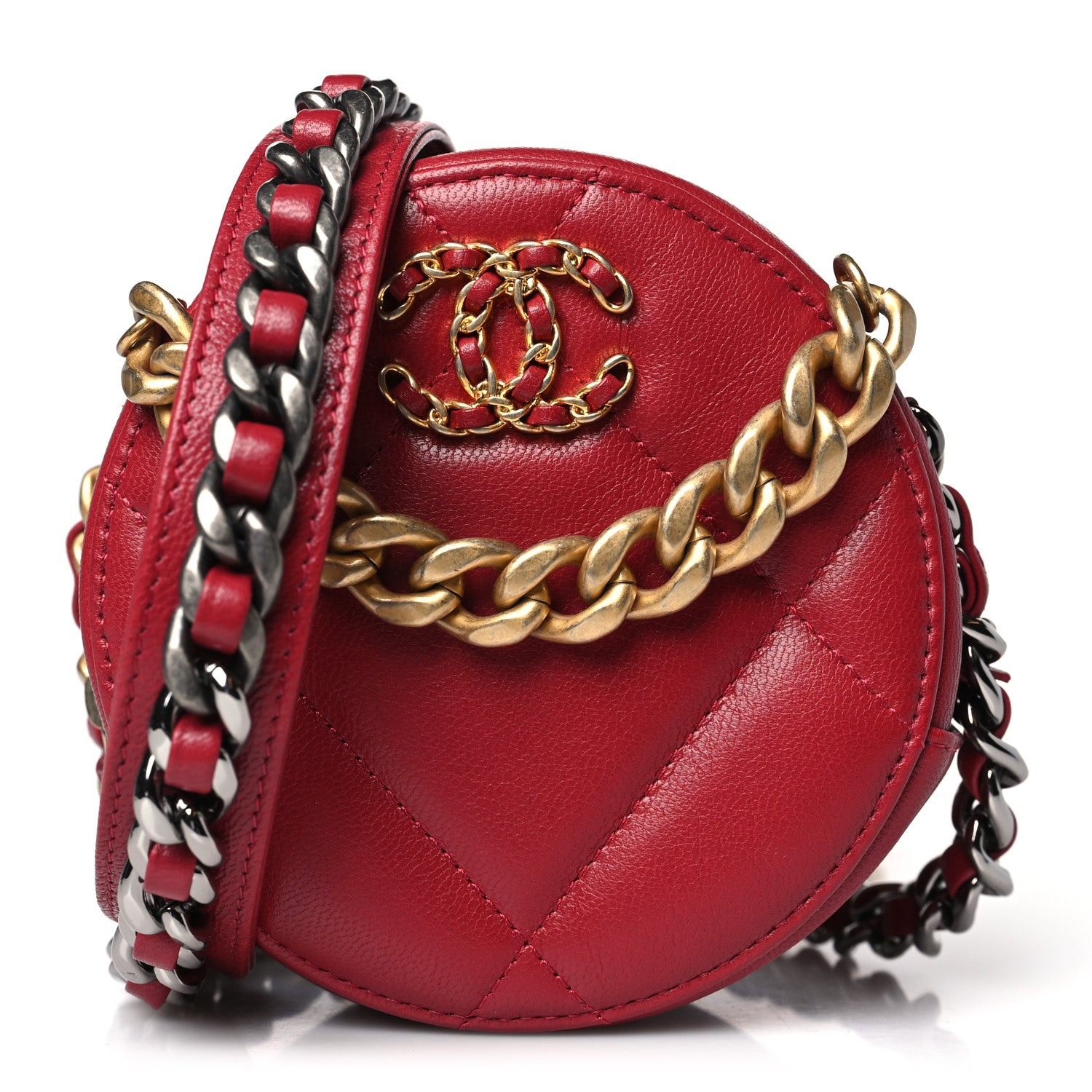 Chanel Goatskin Quilted Chanel 19 Round Clutch With Chain Red 1 of 9
