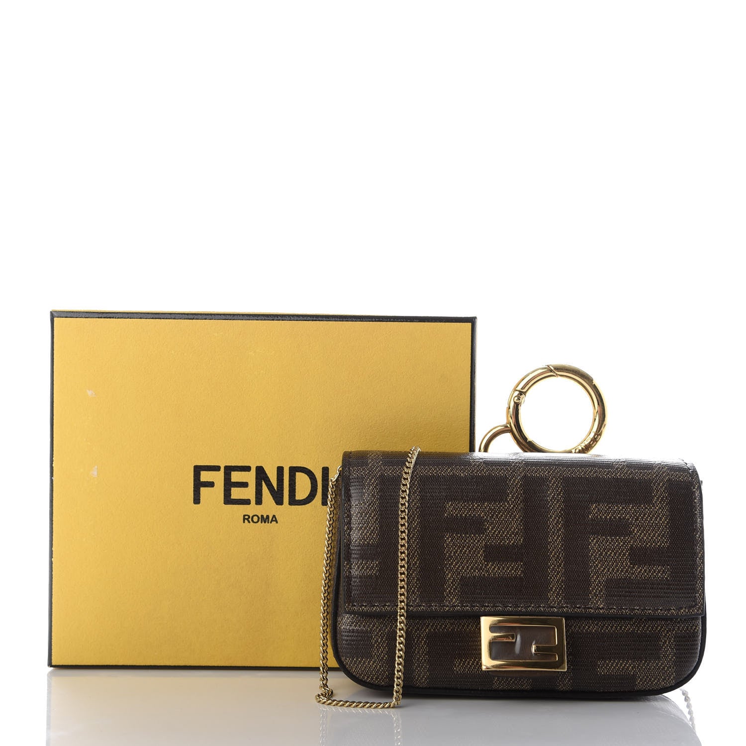 Fendi Glazed Fabric FF 1974 Nano Baguette Charm Mogano Panna 6 of 6