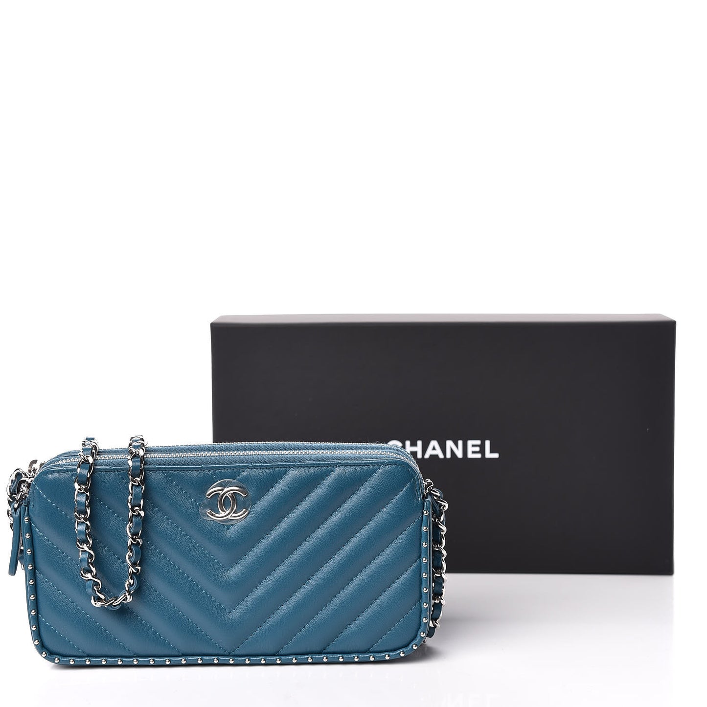 Lambskin Chevron Quilted Studded Small Clutch With Chain Blue