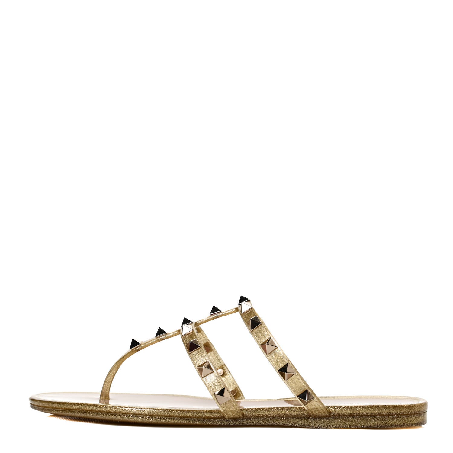 Valentino Garavani PVC Jelly Glitter Rockstud Caged Flat Thong Sandals 37 Oro 1 of 14