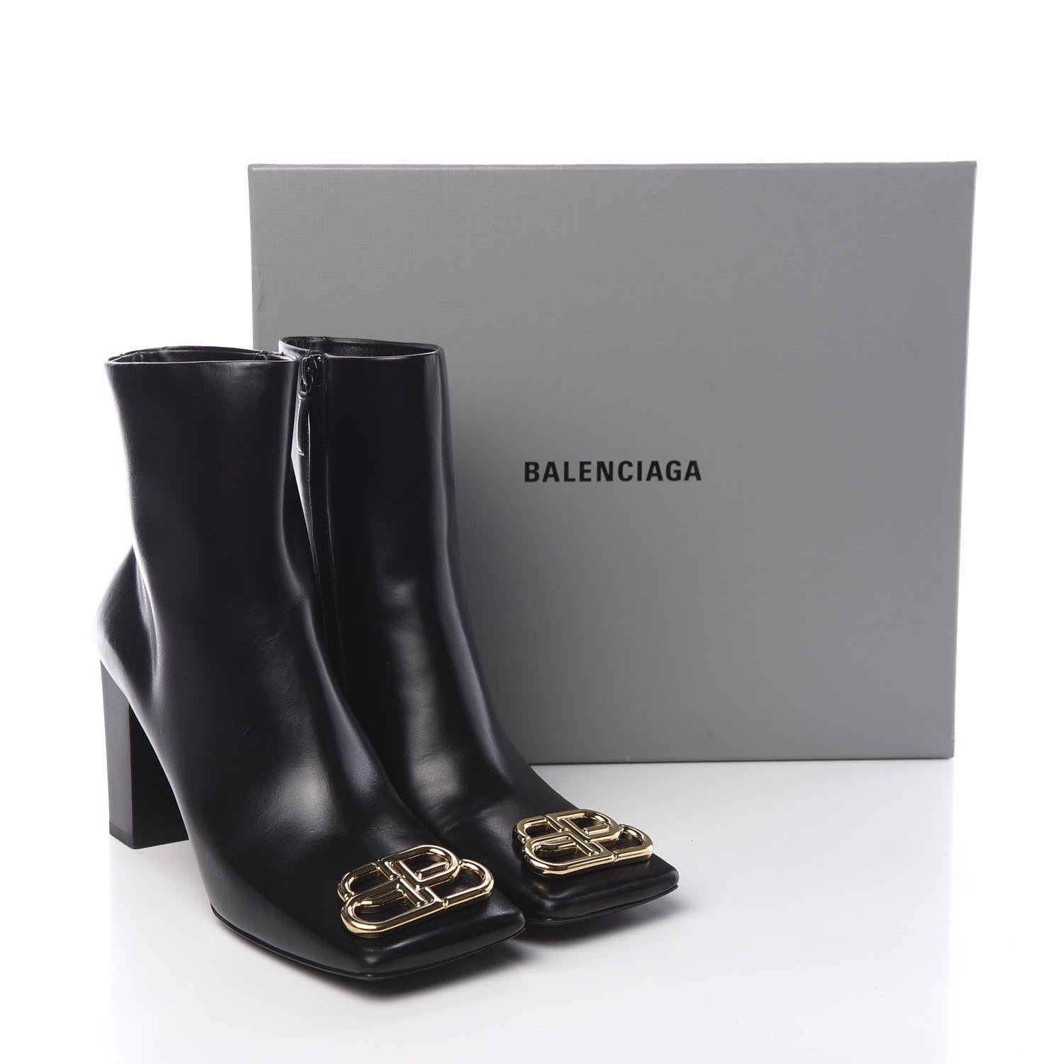 Balenciaga Calfskin Varenne BB Double Square 80mm Booties 39.5 Black Gold 12 of 12