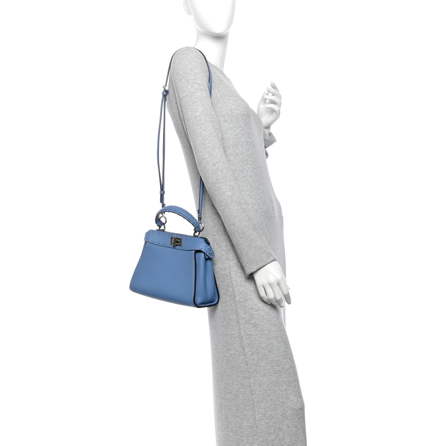 Fendi Cuoio Romano Selleria Macro Stitchings Mini Peekaboo Iconic Satchel Placca Argento Blue 2 of 10