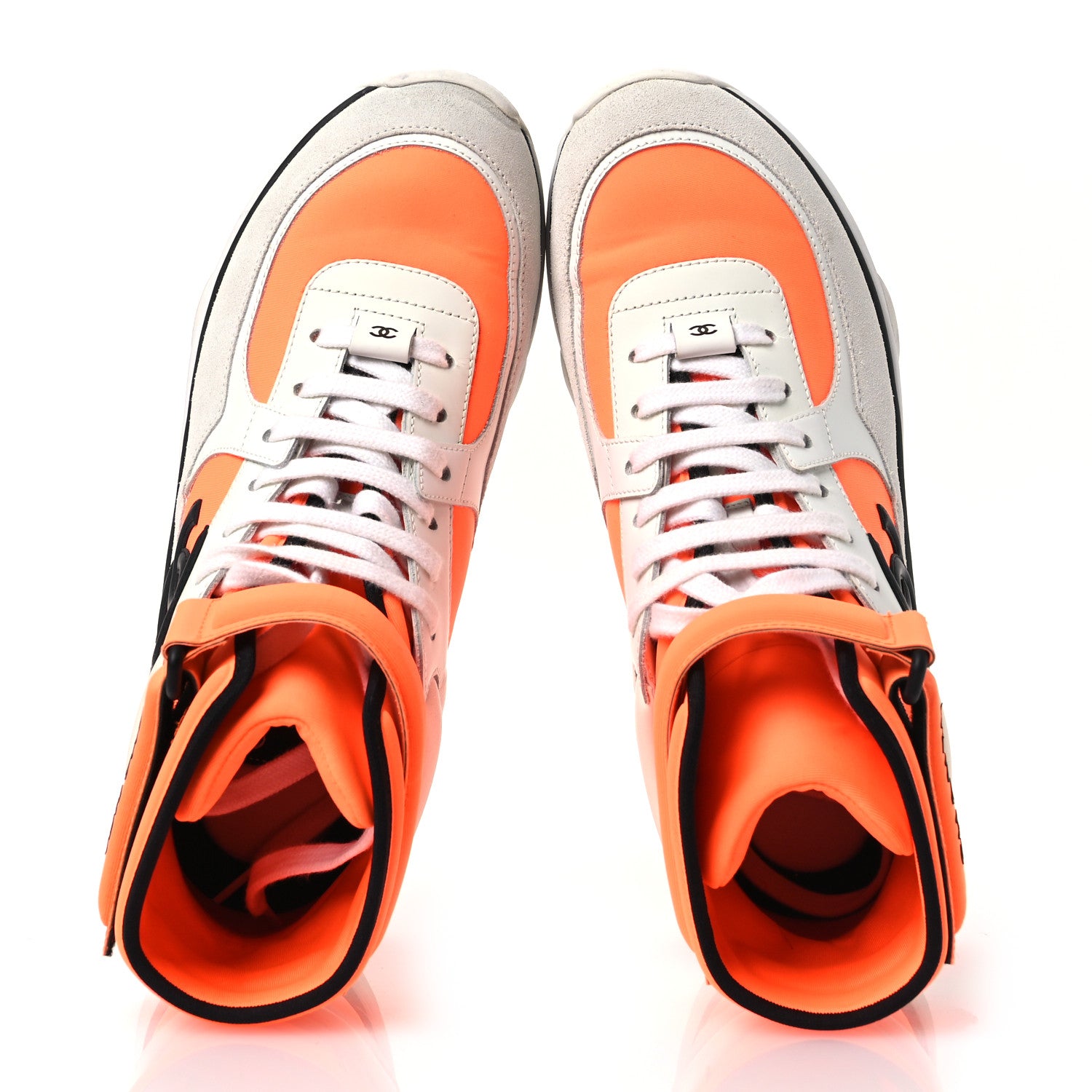 Chanel Suede Calfskin Lambskin Neoprene High Top CC Sneakers 39 White Fluo Orange 2 of 13