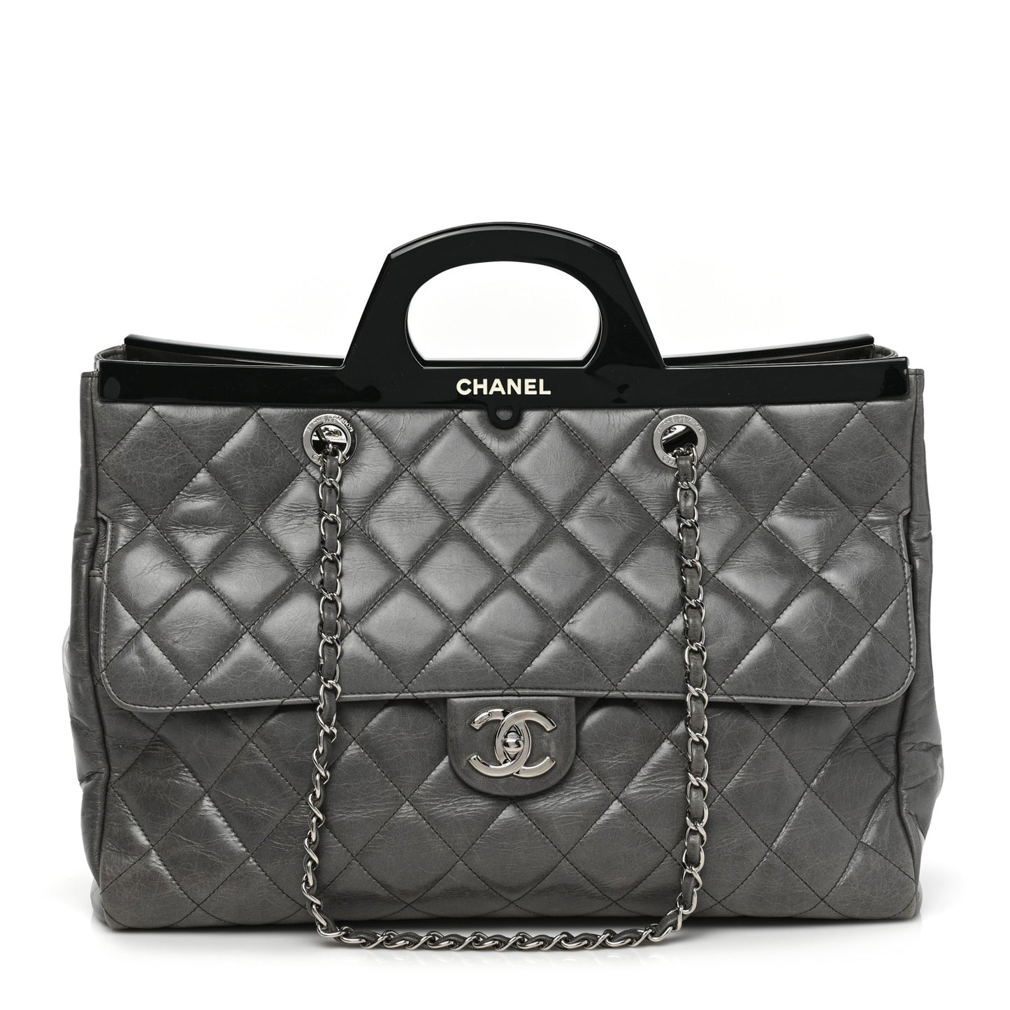 Glazed Calfskin Quilted Large CC Delivery Tote Grey