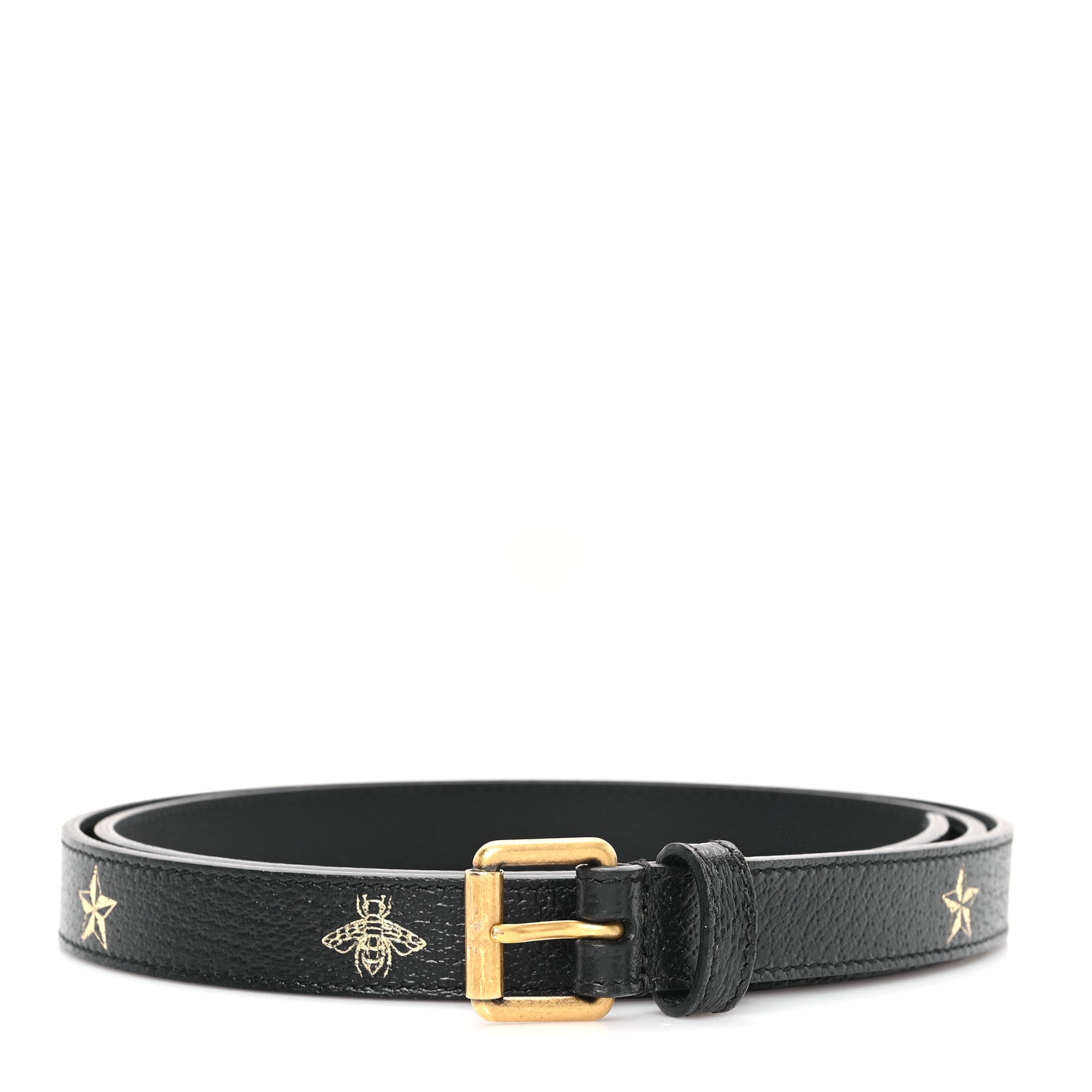 Gucci Textured Dollar Calfskin Bees And Stars Print Womens 20mm Belt 100 40 Black Gold 1 of 4