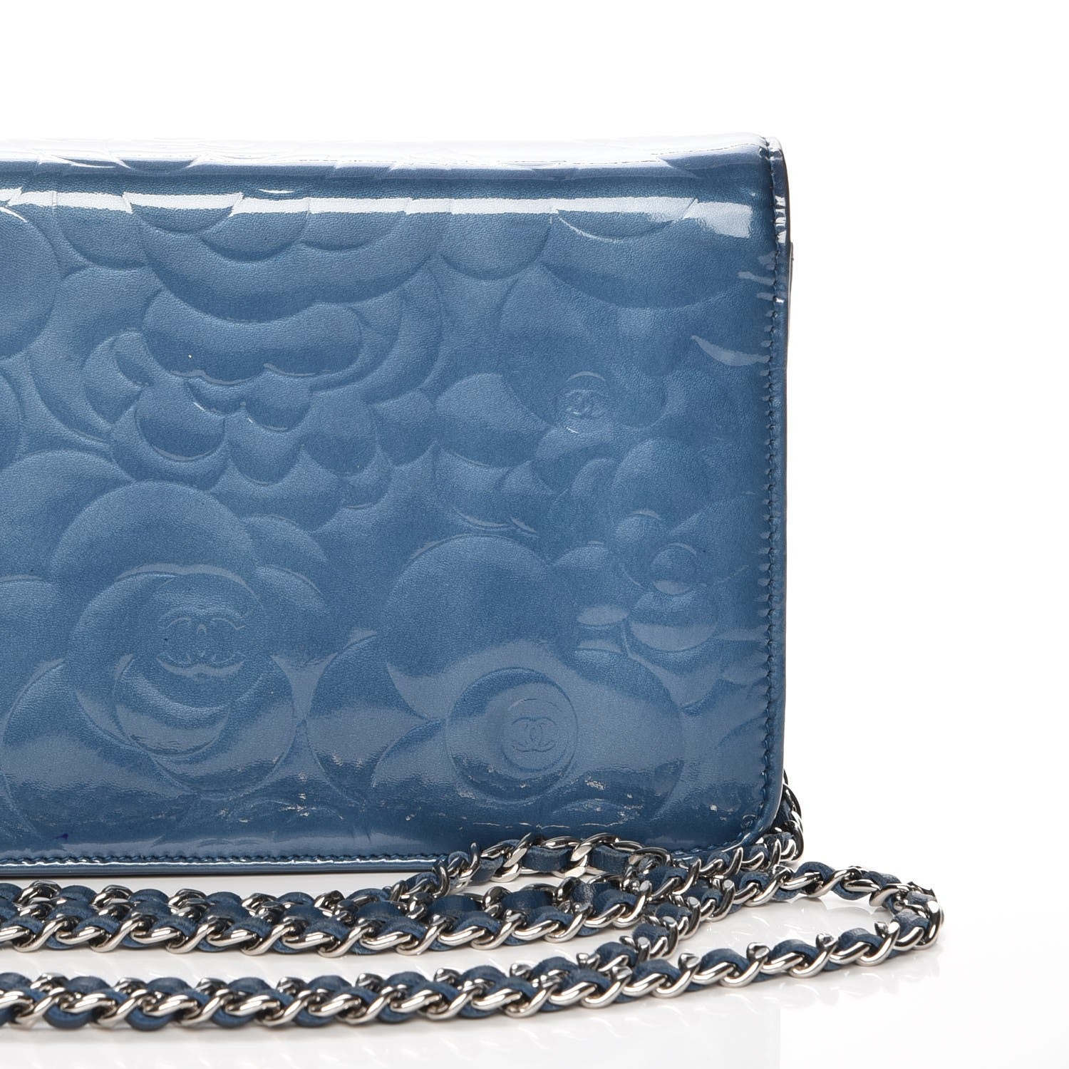 Chanel Patent Camellia Wallet on Chain WOC Blue 10 of 13