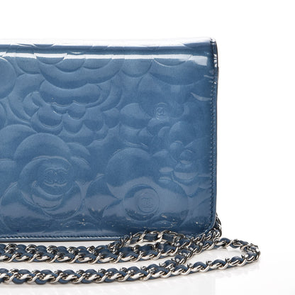 Chanel Patent Camellia Wallet on Chain WOC Blue 10 of 13