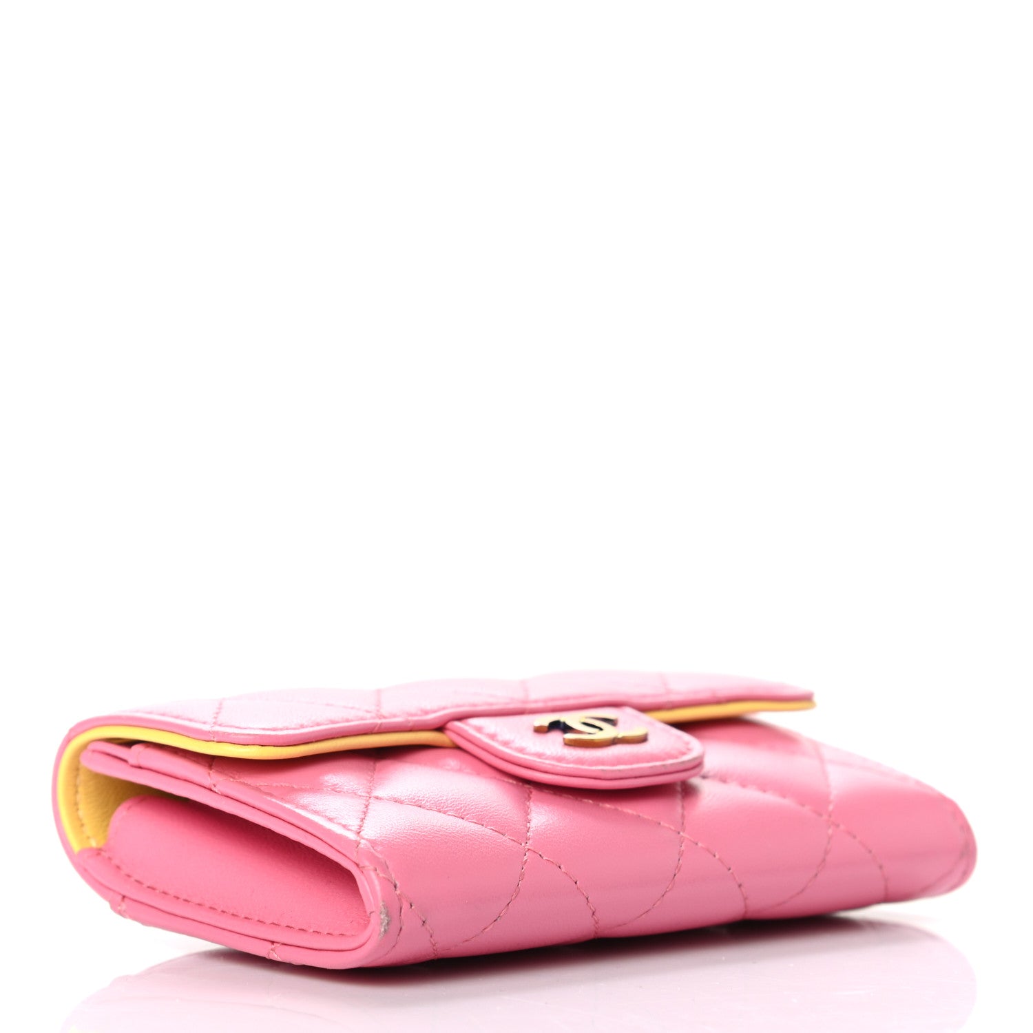 Chanel Lambskin Quilted Flap Card Holder Wallet Pink Yellow 4 of 10