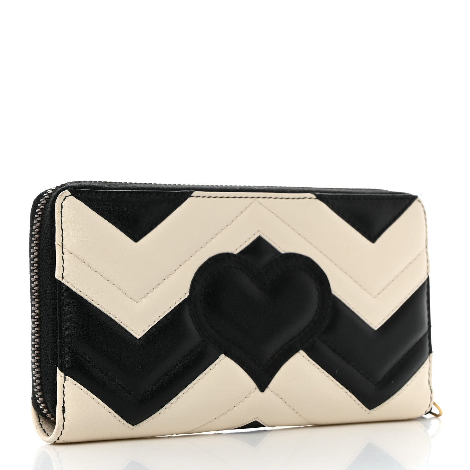 Gucci Calfskin Matelasse GG Marmont Zip Around Wallet Black White 3 of 10