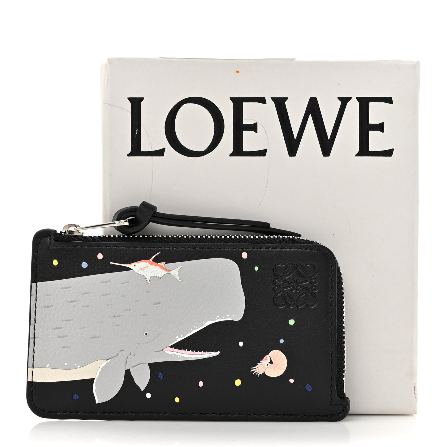 X SUNA FUJITA Smooth Calfskin Whale Zipped Card Coin Holder Black
