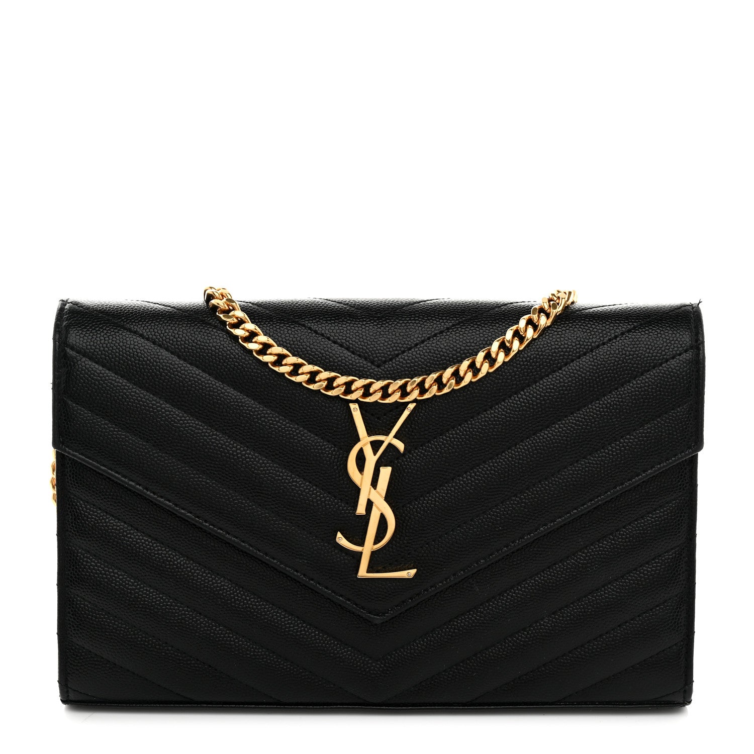 Saint Laurent Grain De Poudre Matelasse Chevron Monogram Chain Wallet Black 1 of 11