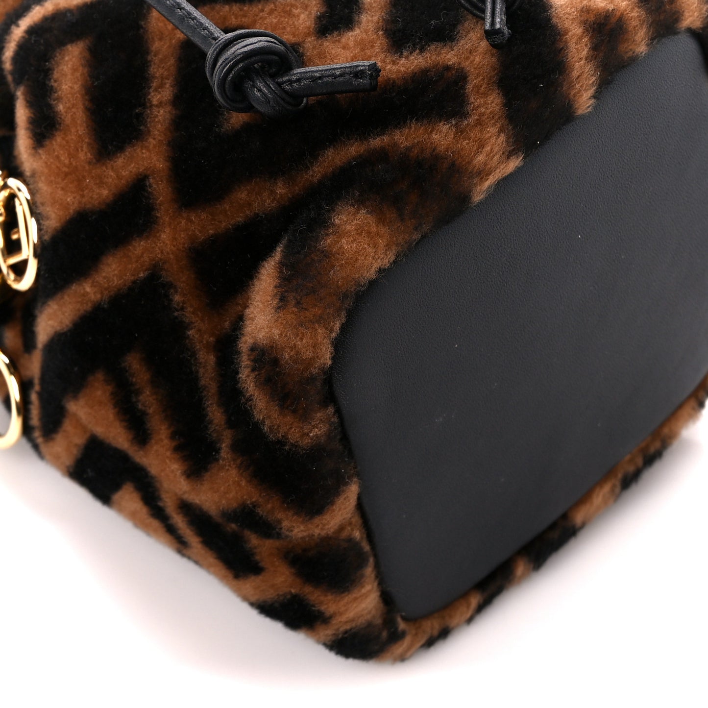 Shearling Vitello Dolce F is Fendi Macro FF 1974 Mini Mon Tresor Bucket Bag Tobacco Black