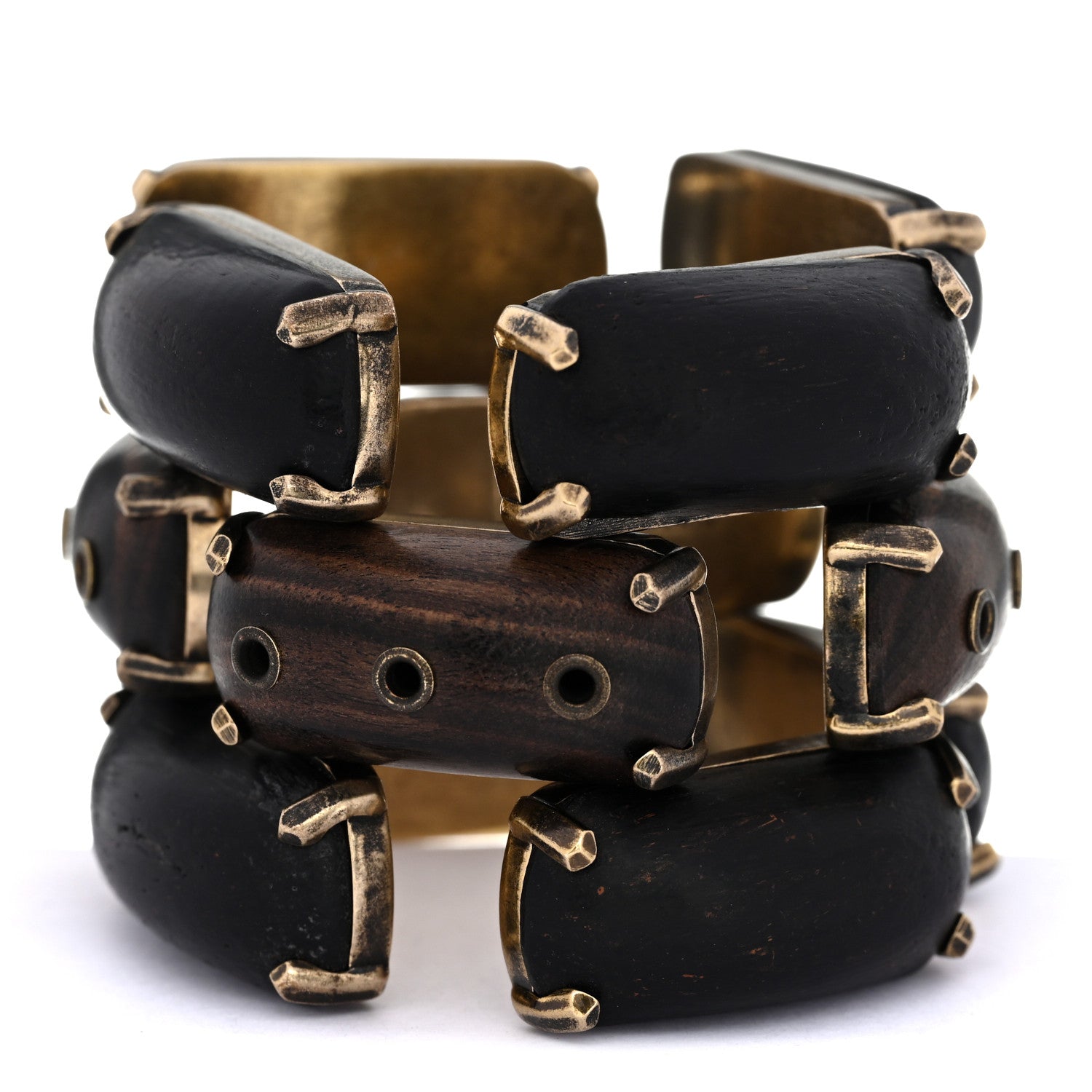 Saint Laurent Metal Wood Rivet Bangle Bracelet S Bronze Marron 1 of 4
