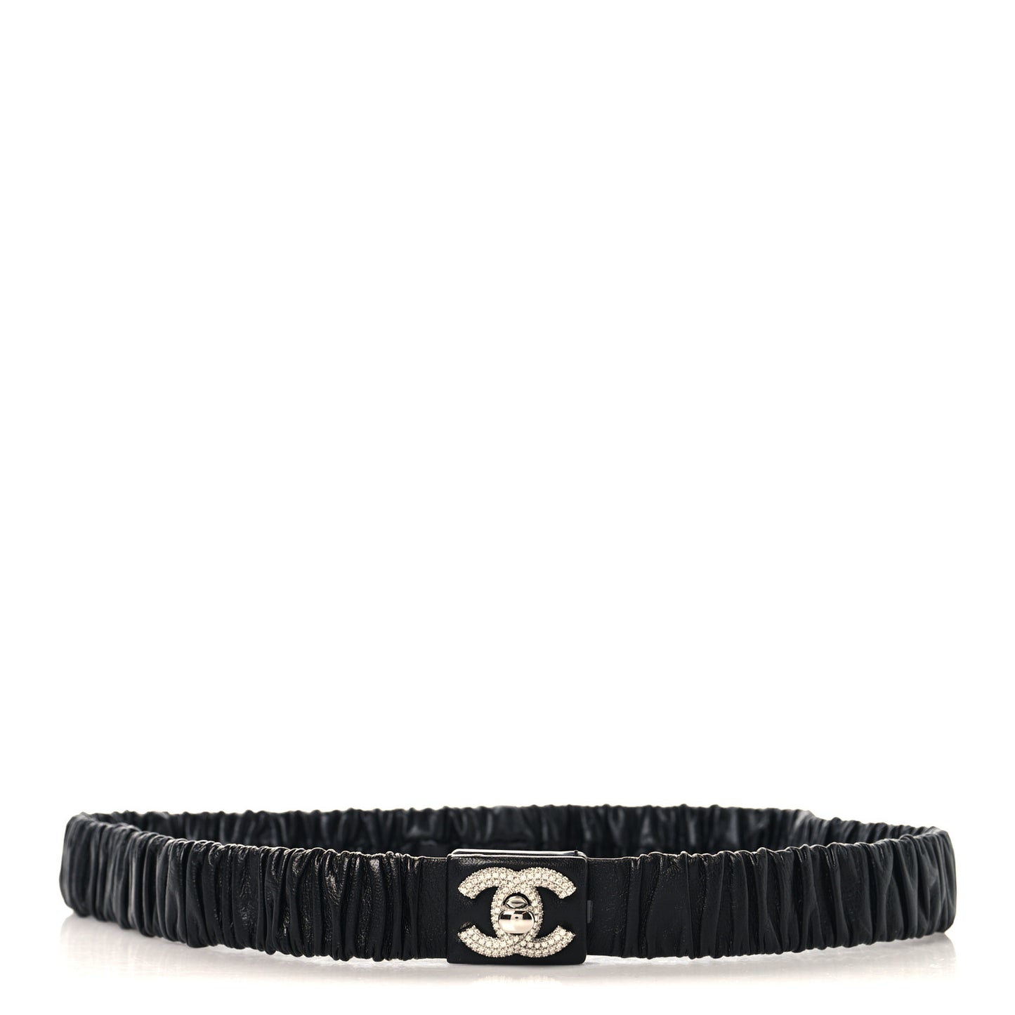 Ruched Calfskin Crystal CC Turnlock Belt  80 32 Black