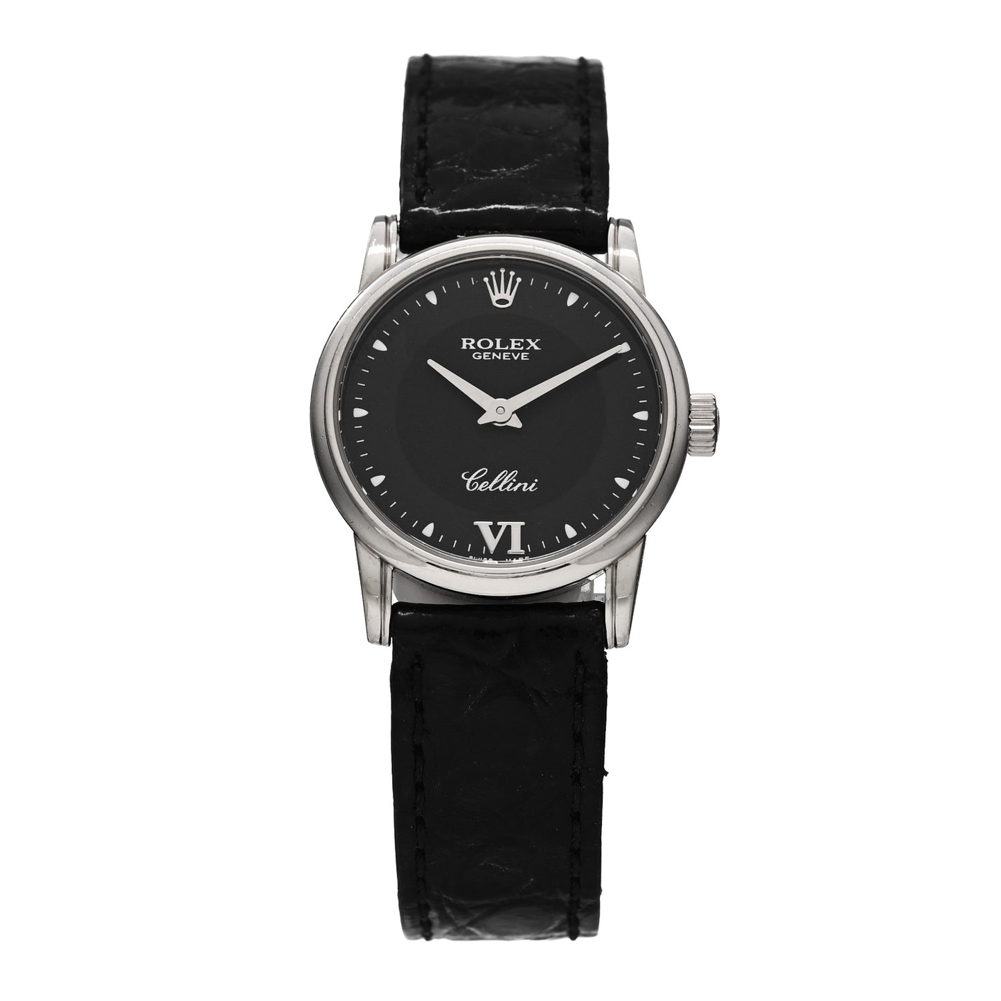 18K White Gold Alligator 25mm Cellini Quartz Watch Black 6111