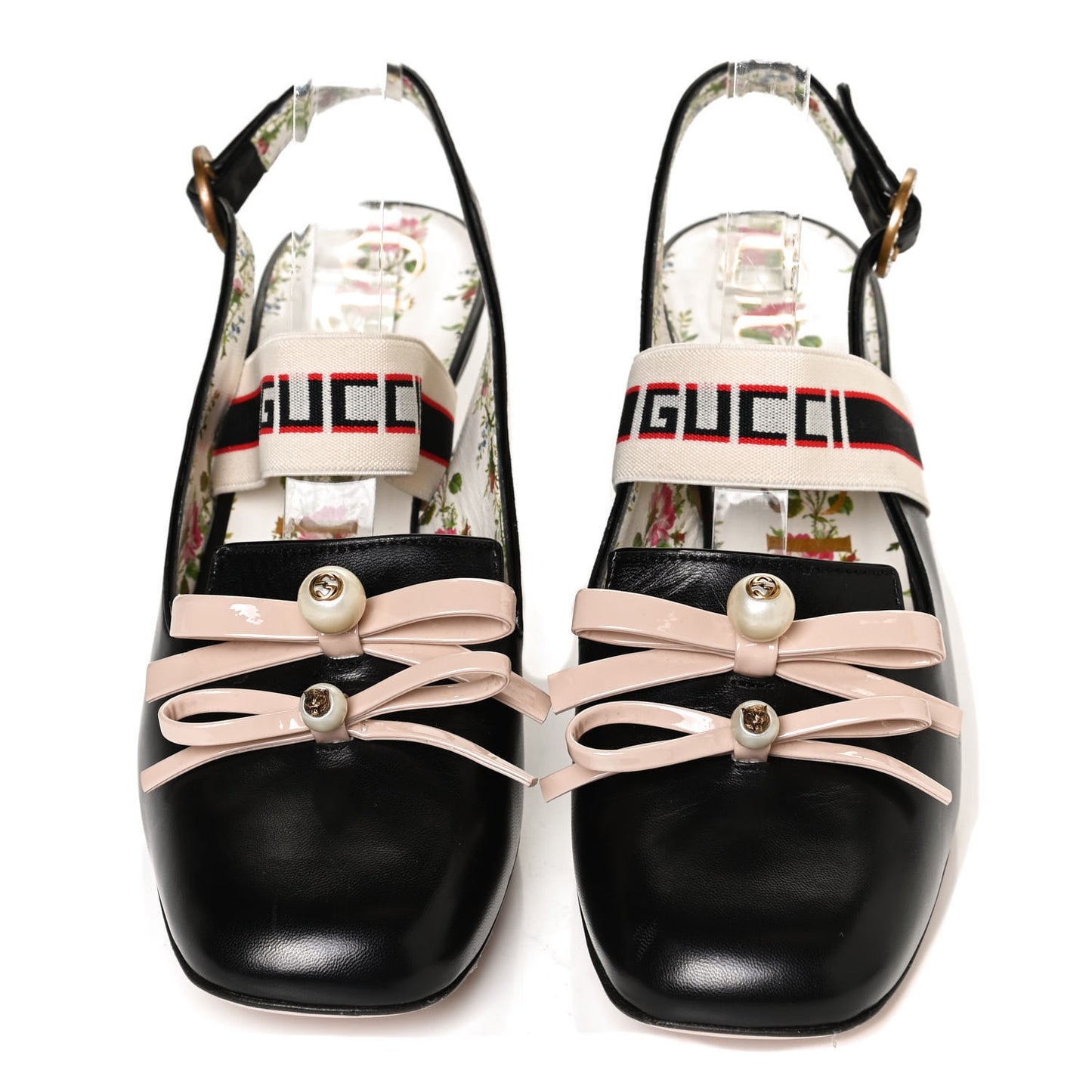 Malaga Kid Bow Ace Stripe Mid Heel Slingback Pumps 39.5 Black