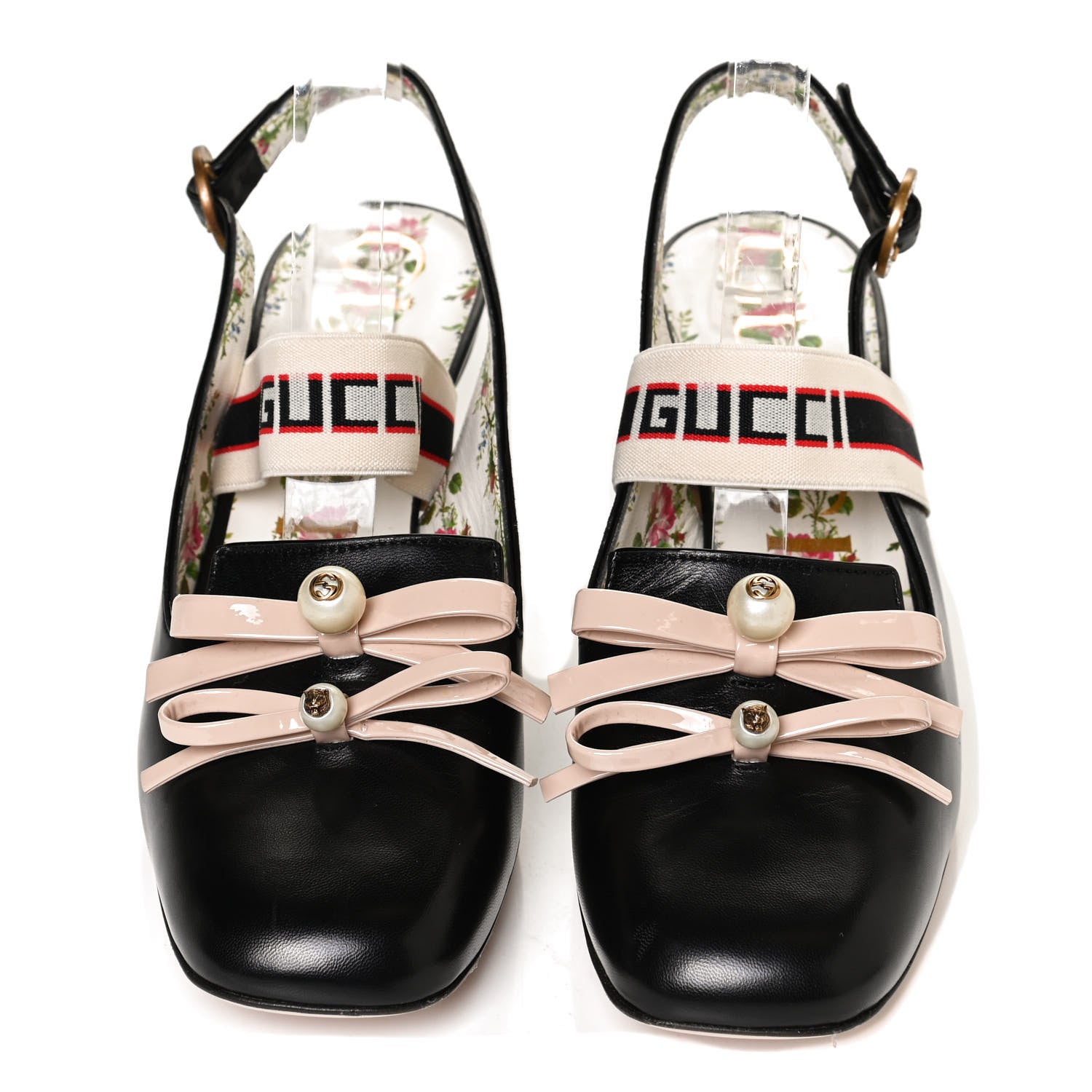 Gucci Malaga Kid Bow Ace Stripe Mid Heel Slingback Pumps 39.5 Black 5 of 9