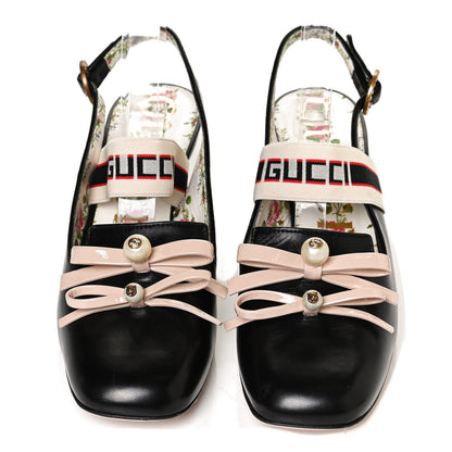 Gucci Malaga Kid Bow Ace Stripe Mid Heel Slingback Pumps 39.5 Black 5 of 9