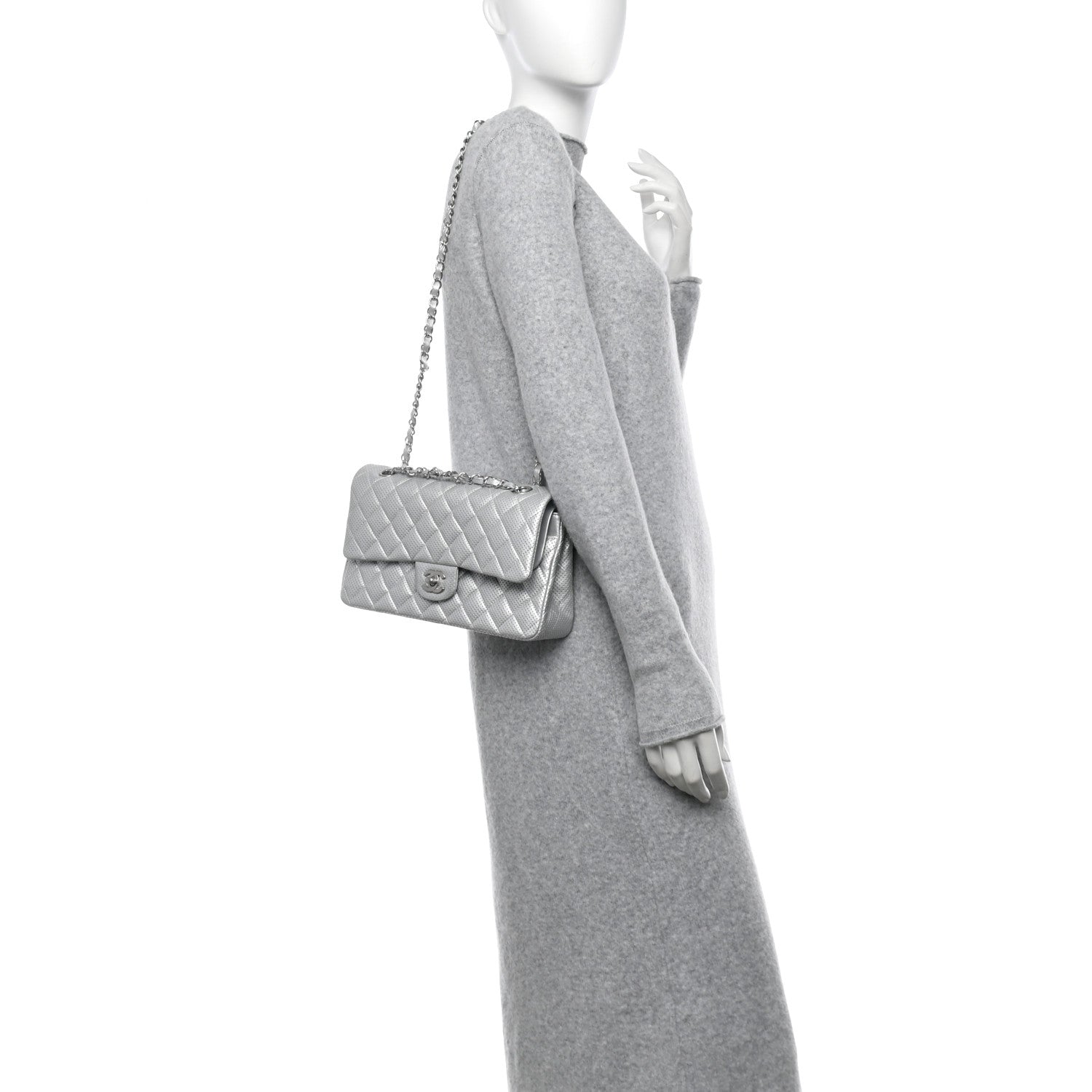 Chanel Metallic Lambskin Perforated Medium Double Flap Light Silver 2 of 10