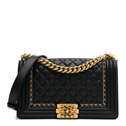 Chanel Lambskin Quilted Medium Chain Around Boy Flap Black Black 1 of 15