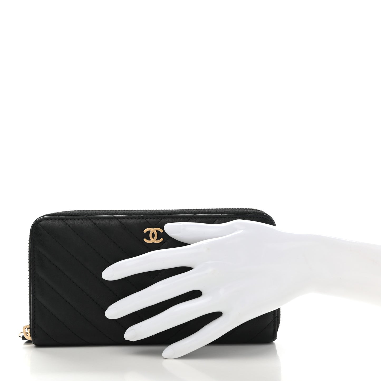 Calfskin Chevron Quilted Zip Around Wallet Black