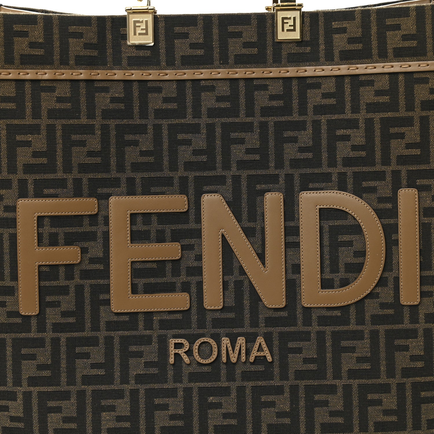 Fendi Fabric Jacquard FF 1974 Logo Large Fendi Sunshine Shopper Tote Tobacco Moro Sand 9 of 11