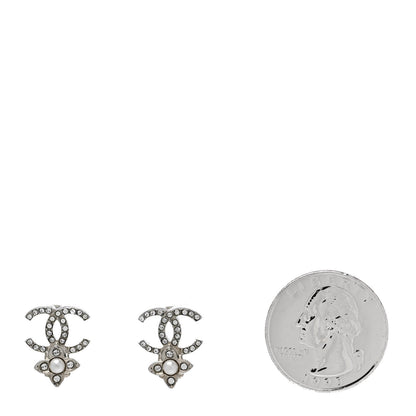 Chanel Crystal Pearl Flower CC Earrings Silver 2 of 4