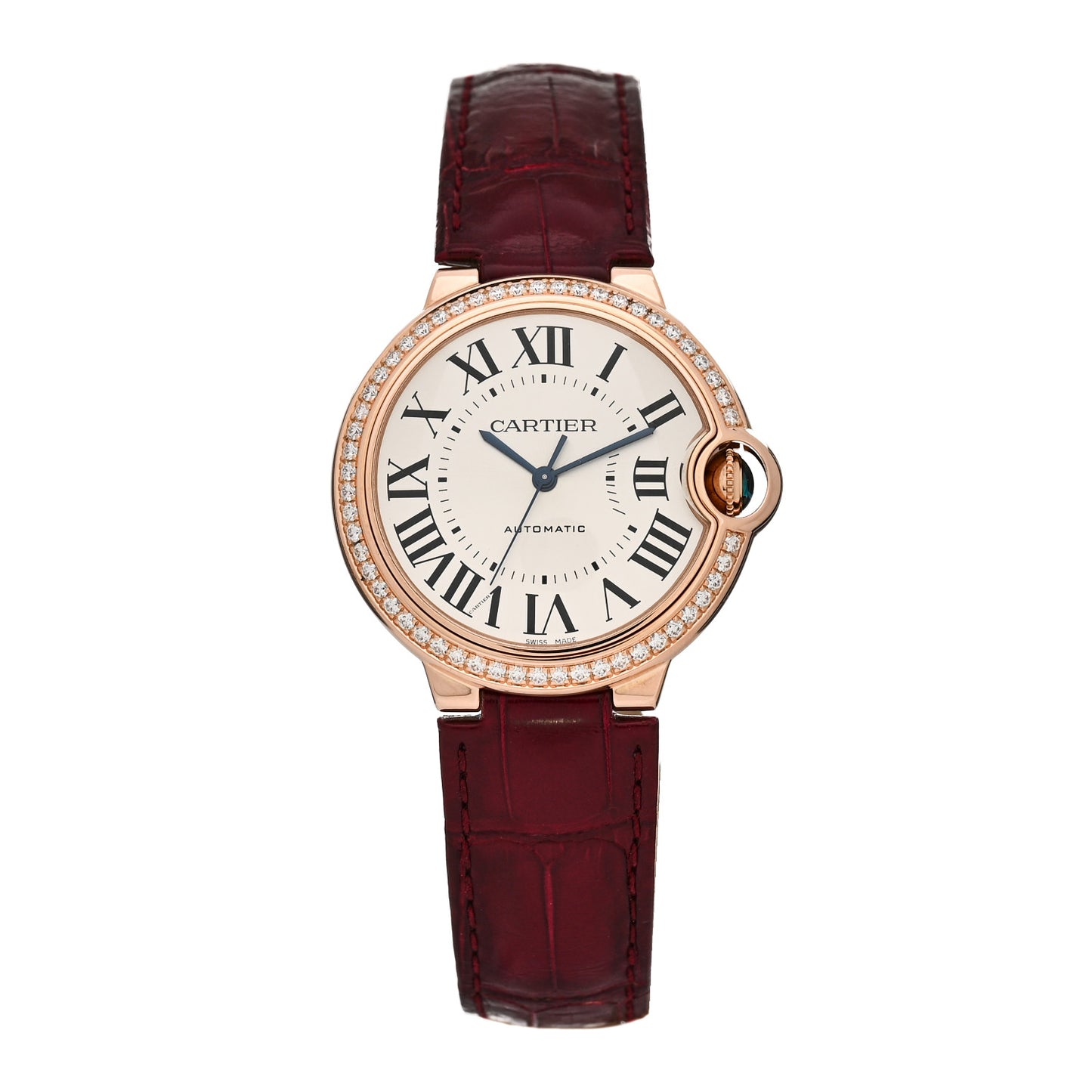 18K Pink Gold Alligator Diamond Bezel 36mm Ballon Bleu De Cartier Automatic Watch