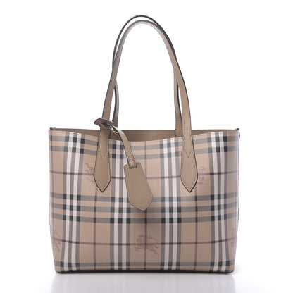 Burberry Grainy Calfskin Haymarket Check Small Reversible Tote Mid Camel 3 of 16