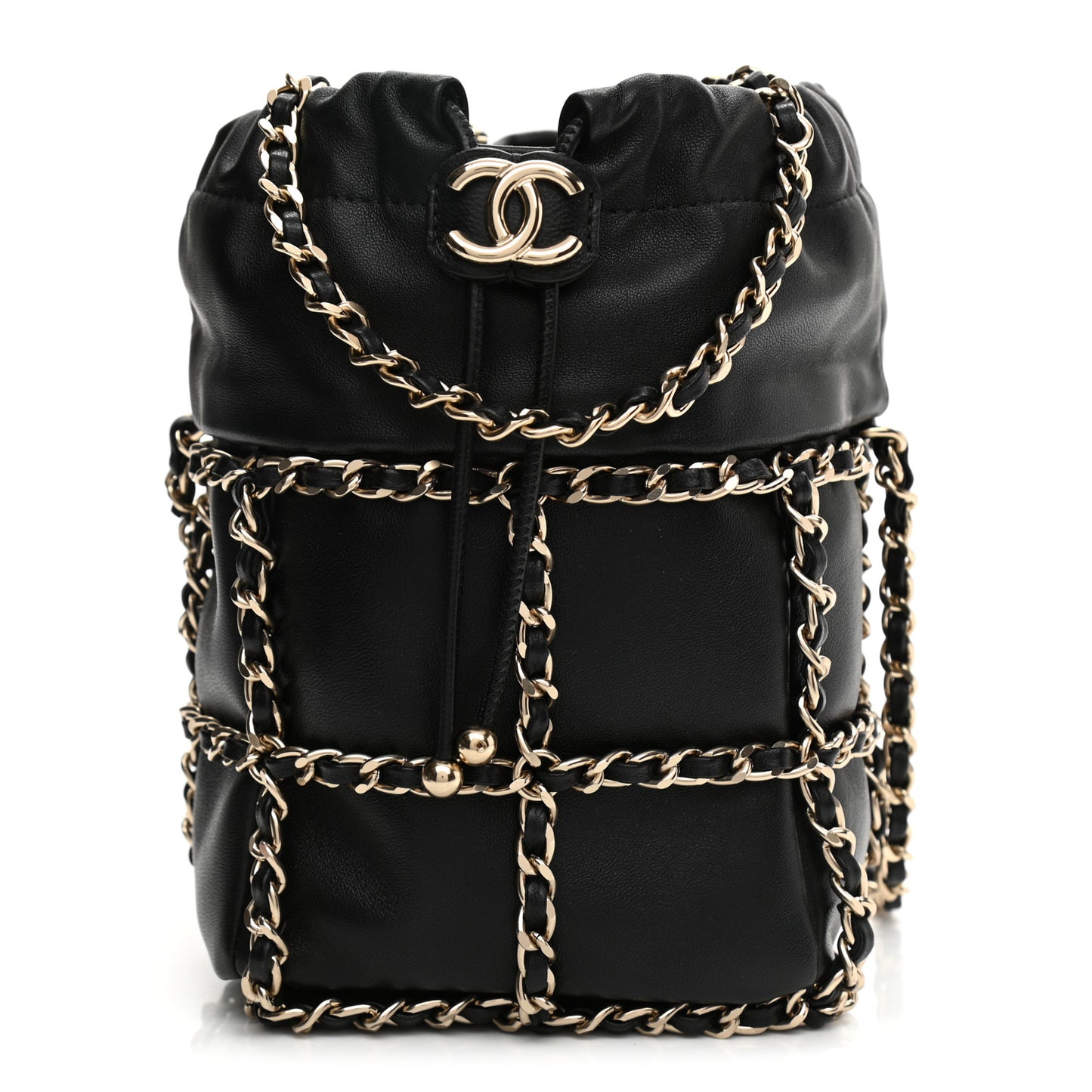 Lambskin Bucket Chain Drawstring Bag Black