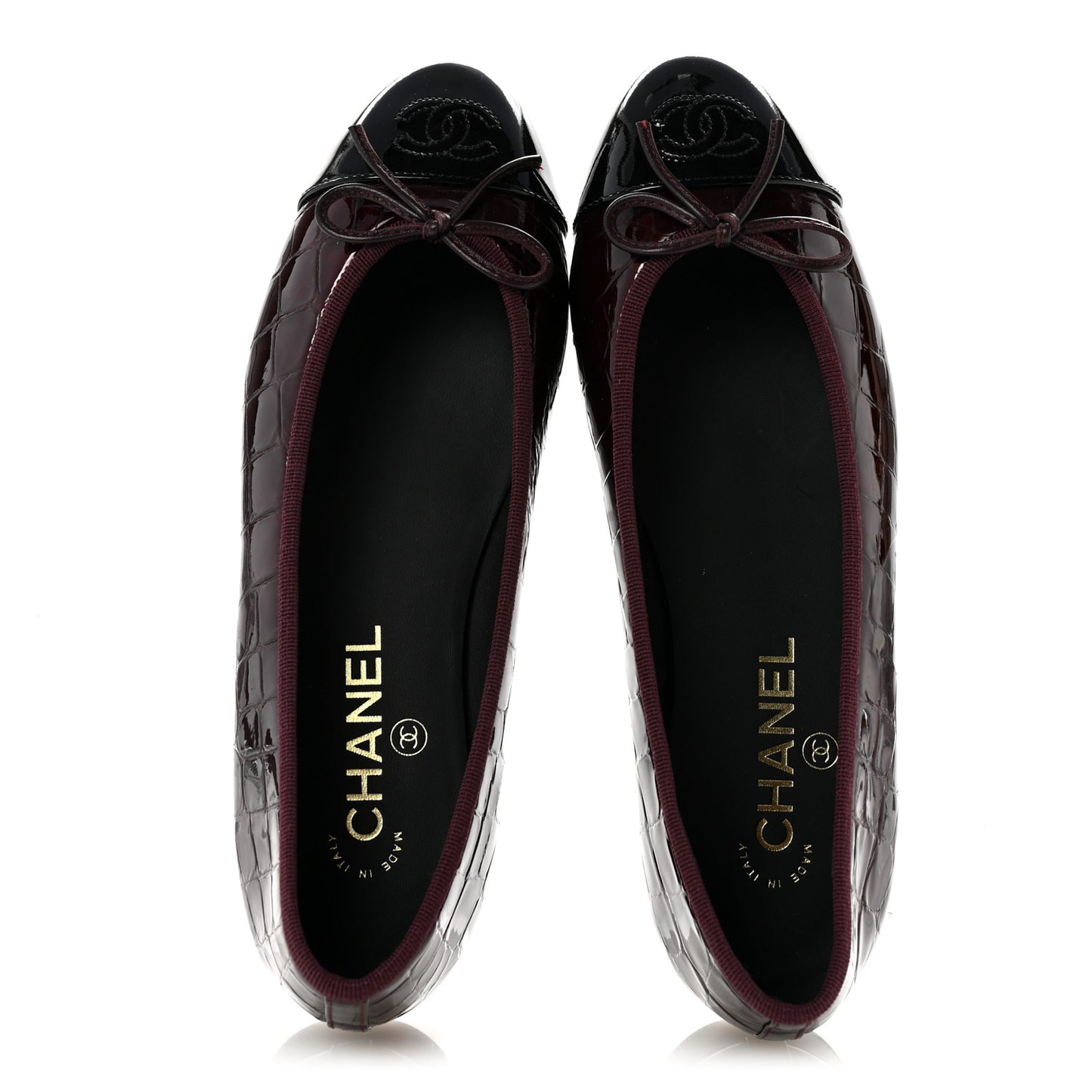Patent Calfskin Crocodile Embossed Ballerina Flats 37 Dark Burgundy Black