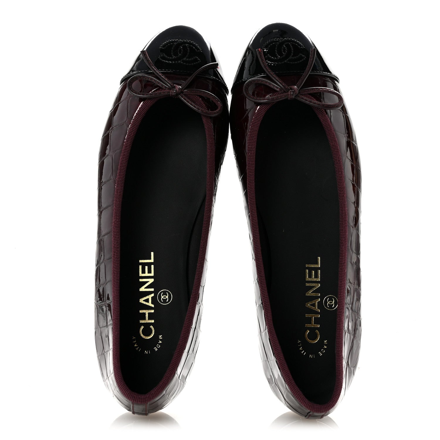Chanel Patent Calfskin Crocodile Embossed Ballerina Flats 37 Dark Burgundy Black 2 of 11