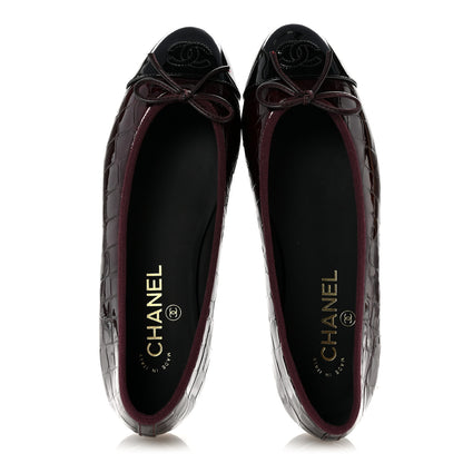 Chanel Patent Calfskin Crocodile Embossed Ballerina Flats 37 Dark Burgundy Black 2 of 11