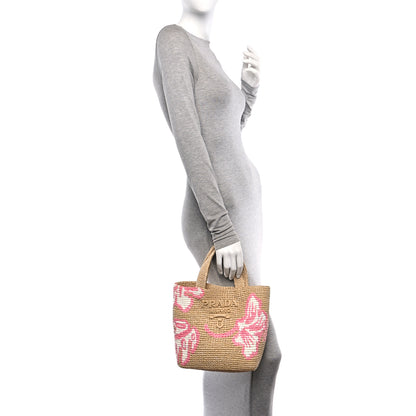 Prada Yarn Raffia Effect Crochet Embroidered Floral Small Logo Tote Naturale Petalo 2 of 11