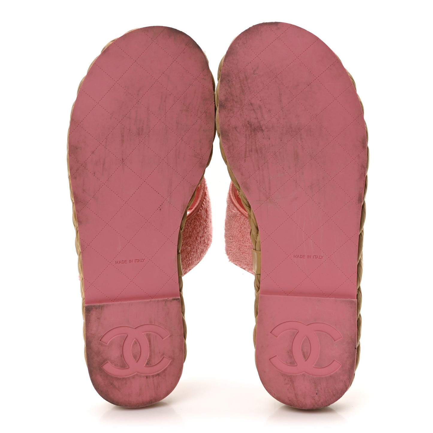 Terry Cloth Raffia CC Logo Thong Sandals 38.5 Pink