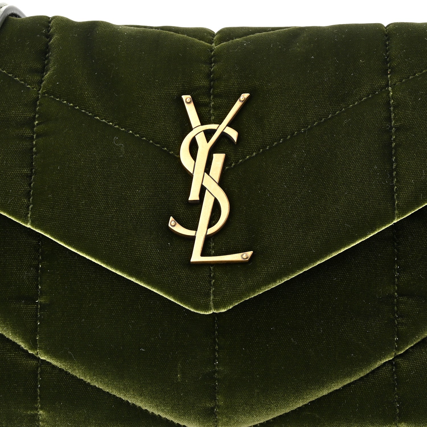 Saint Laurent Velvet Quilted Small Loulou Puffer Monogram Chain Satchel Kaki Musk 8 of 10