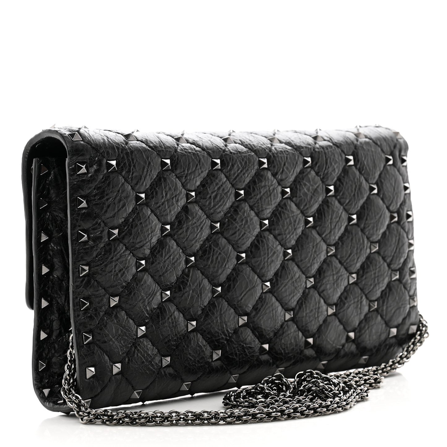 Craquele Nappa Rockstud Spike Wallet on Chain Black
