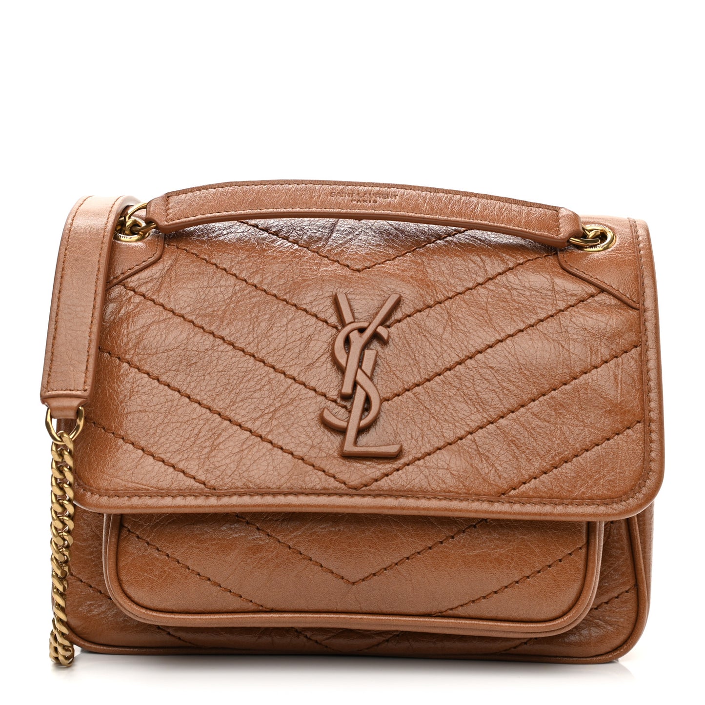 Crinkled Calfskin Matelasse Monogram Baby Niki Chain Satchel Light Caramel