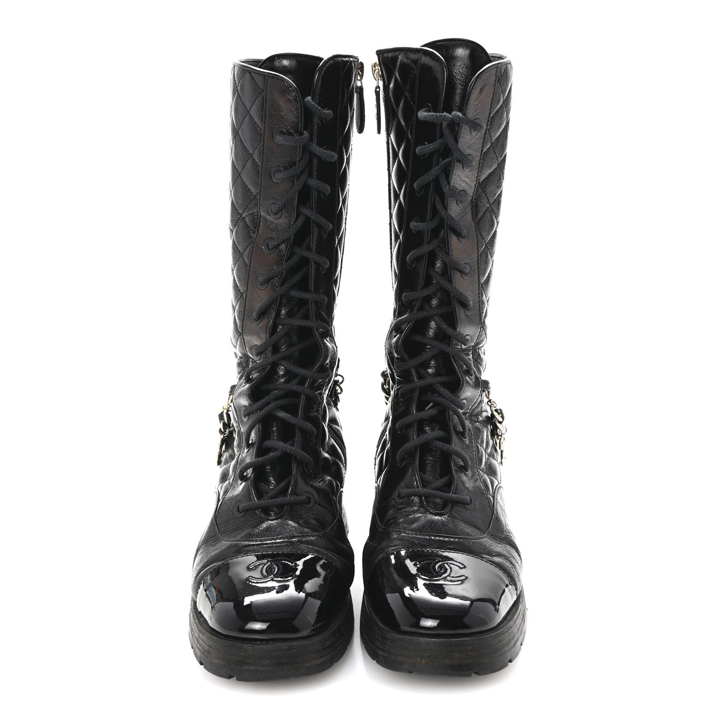 Shiny Calfskin Patent Quilted Chain Lace Up Combat Long Boots 38.5 Black