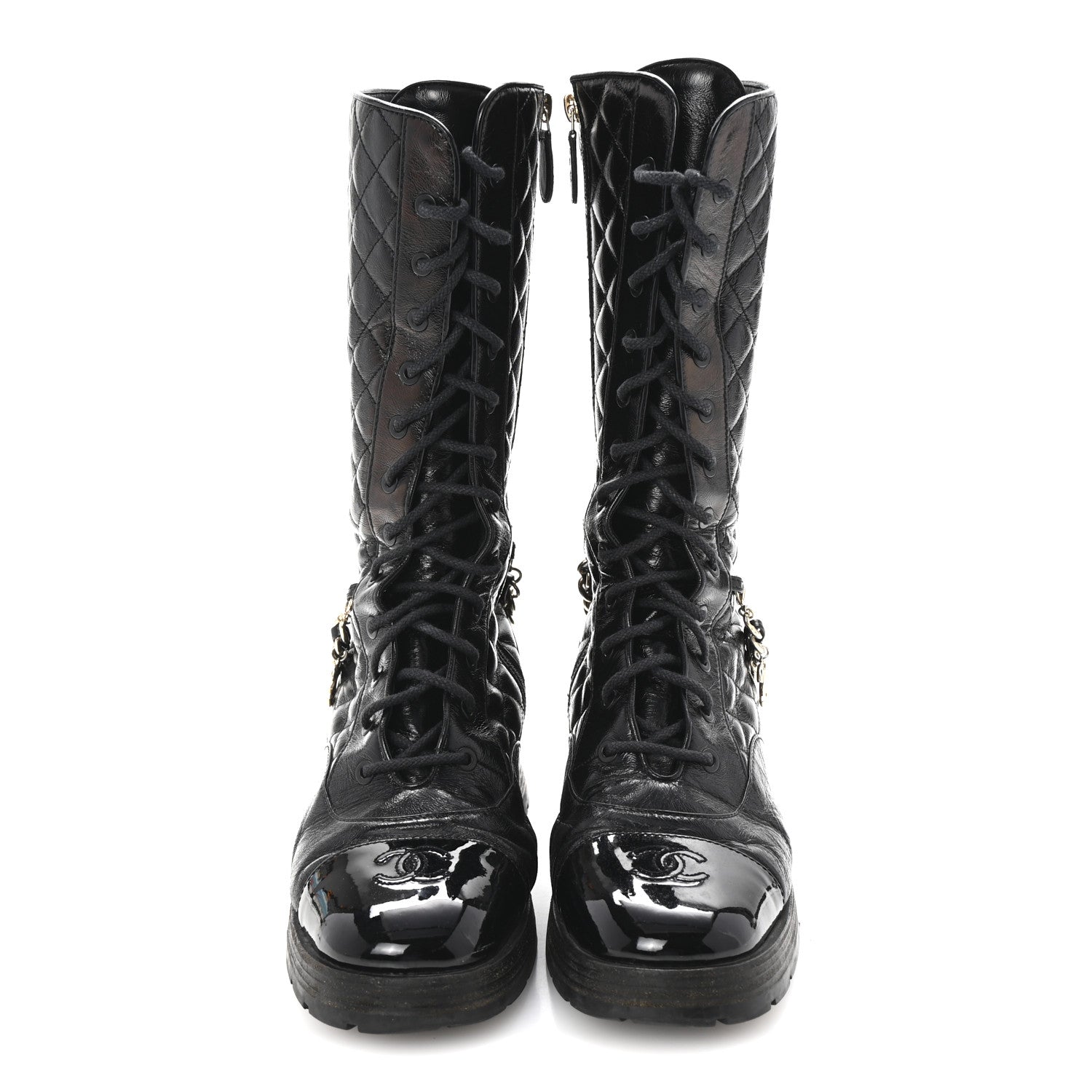 Chanel Shiny Calfskin Patent Quilted Chain Lace Up Combat Long Boots 38.5 Black 3 of 9