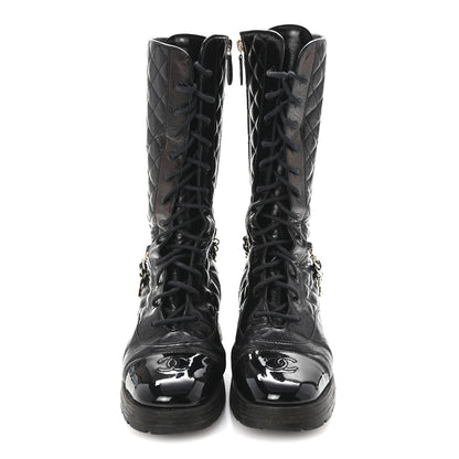 Chanel Shiny Calfskin Patent Quilted Chain Lace Up Combat Long Boots 38.5 Black 3 of 9