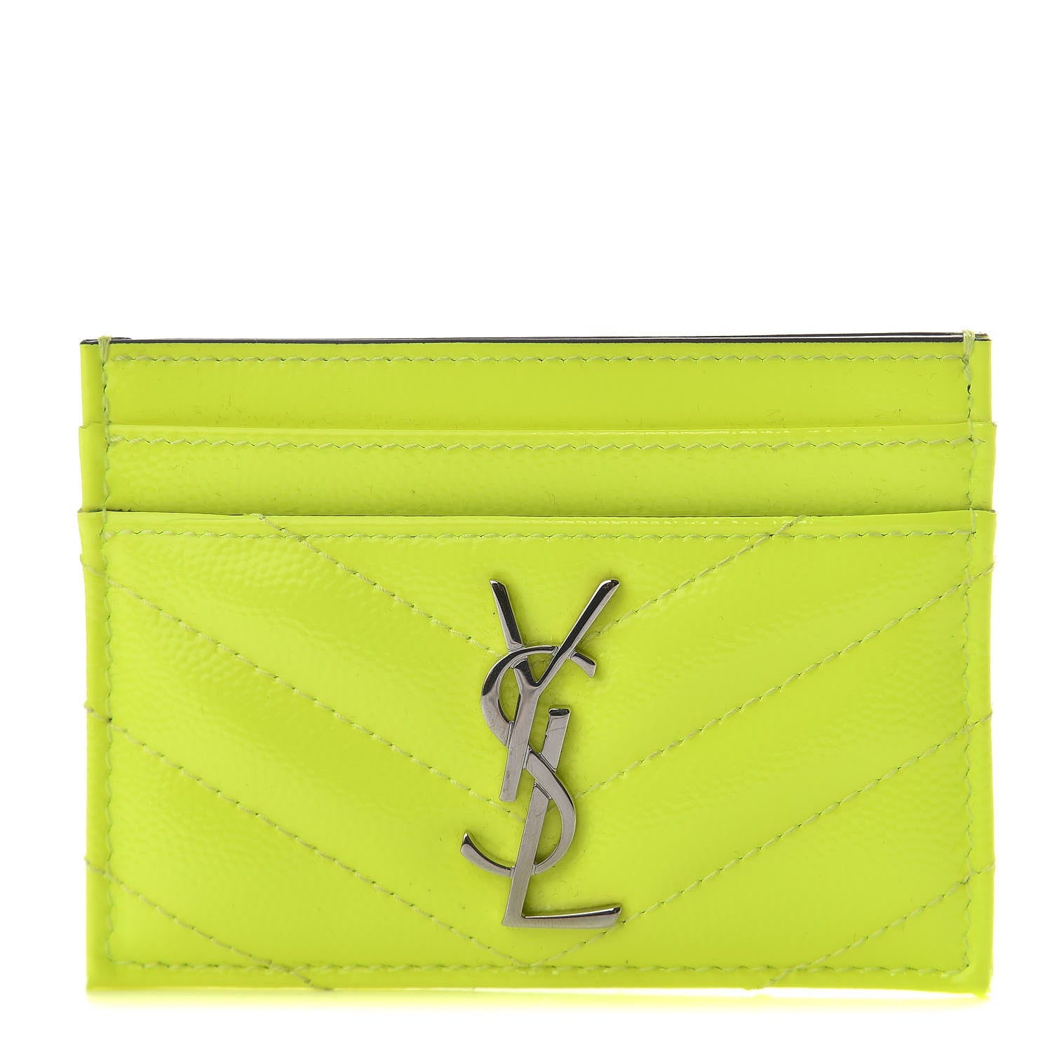 Saint Laurent Patent Grain De Poudre Matelasse Chevron Monogram Credit Card Case Neon Yellow 1 of 8