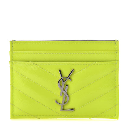 Saint Laurent Patent Grain De Poudre Matelasse Chevron Monogram Credit Card Case Neon Yellow 1 of 8