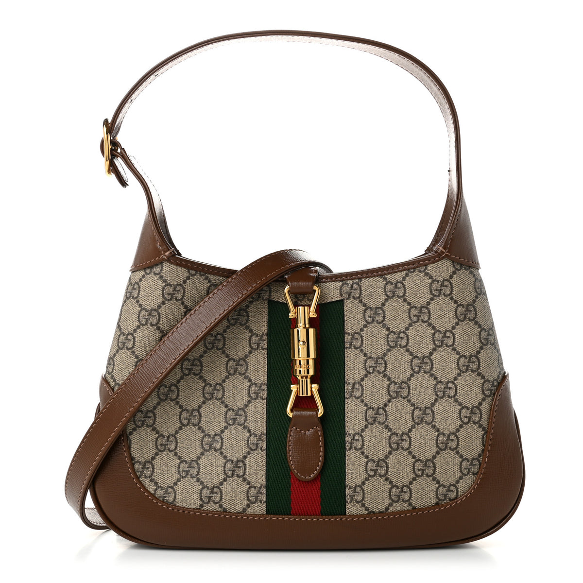 GG Supreme Monogram Azalea Calfskin Web Small Jackie 1961 Hobo Beige Ebony Brown Sugar