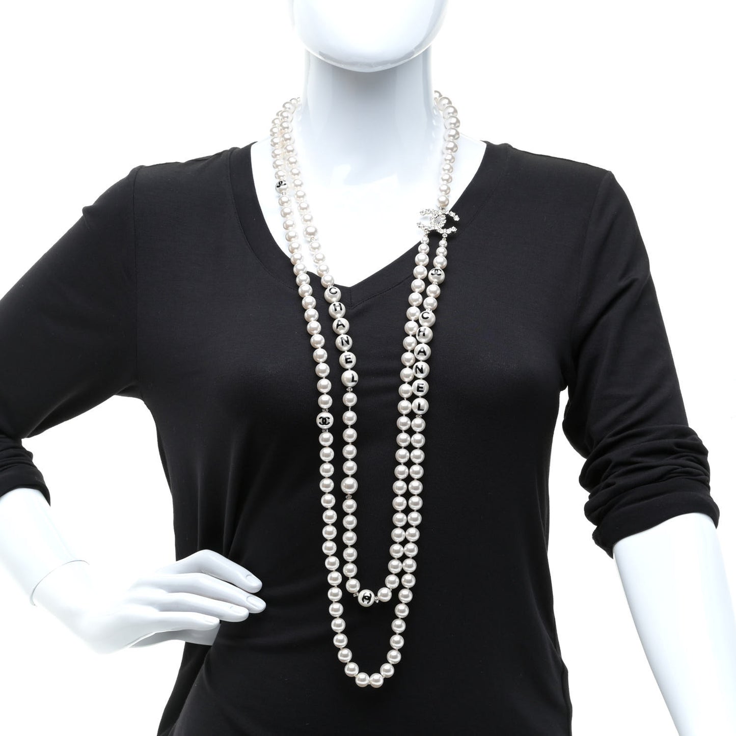 Crystal Pearl CC Long Multi Strand Necklace Gold