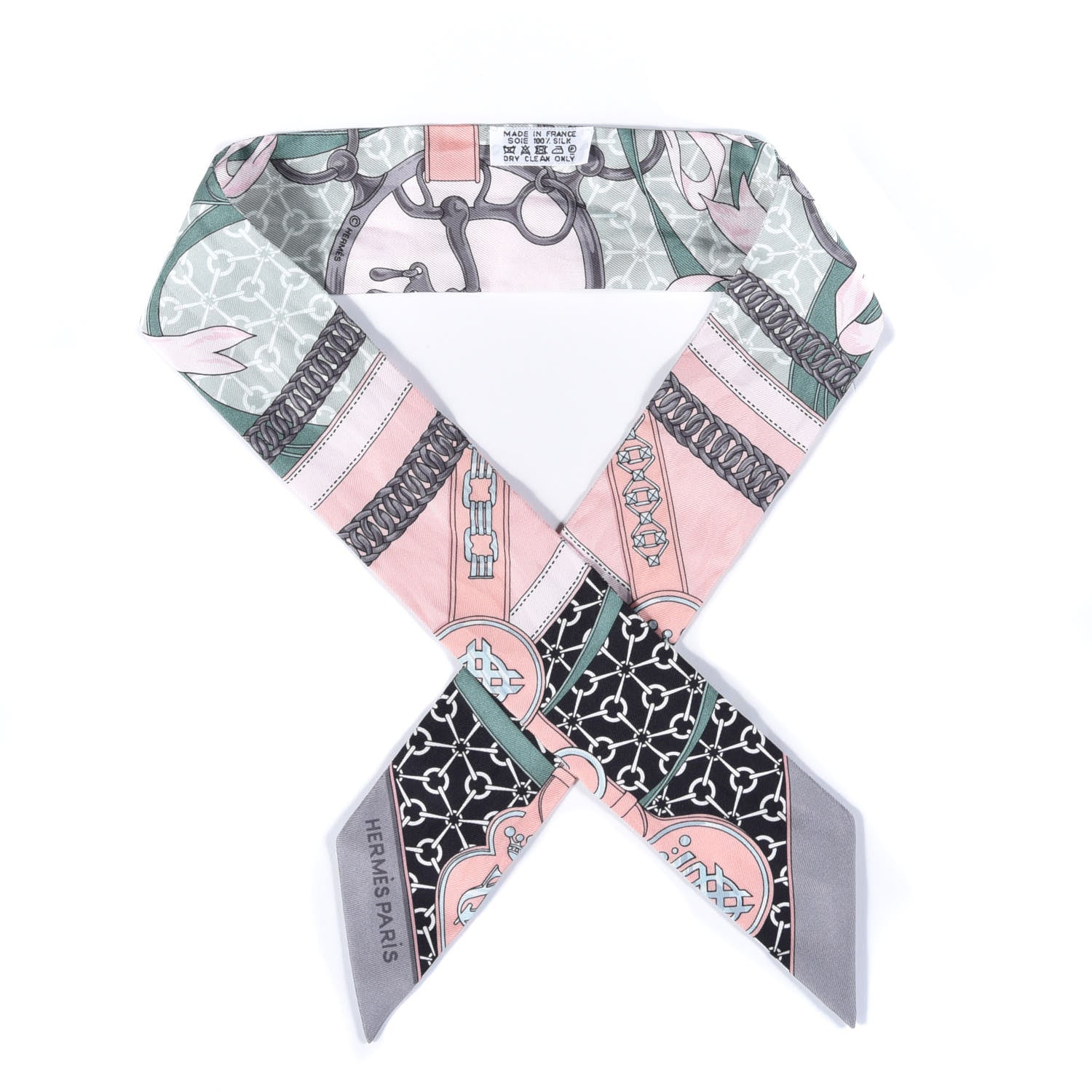 Hermes Silk La Promenade Du Matin Twilly Noir Rose Poudre Celadon 1 of 4