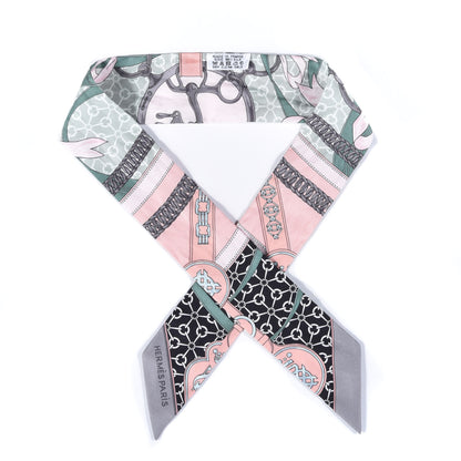 Hermes Silk La Promenade Du Matin Twilly Noir Rose Poudre Celadon 1 of 4