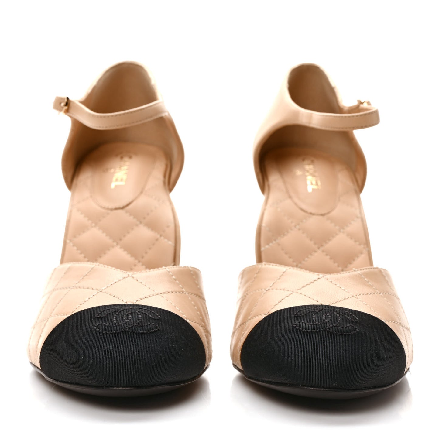 Lambskin Grosgrain Quilted CC Cap Toe Logo Ankle Strap Pumps 41 Black Beige
